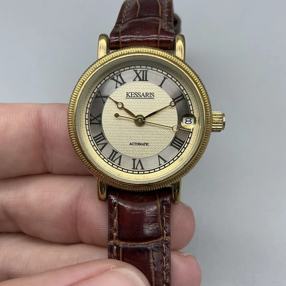Kessaris Womens Watch 30mm Gold Tone Cream Dial Date 17255 Leather Automatic